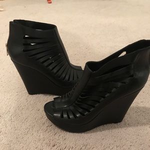 Black leather wedges
